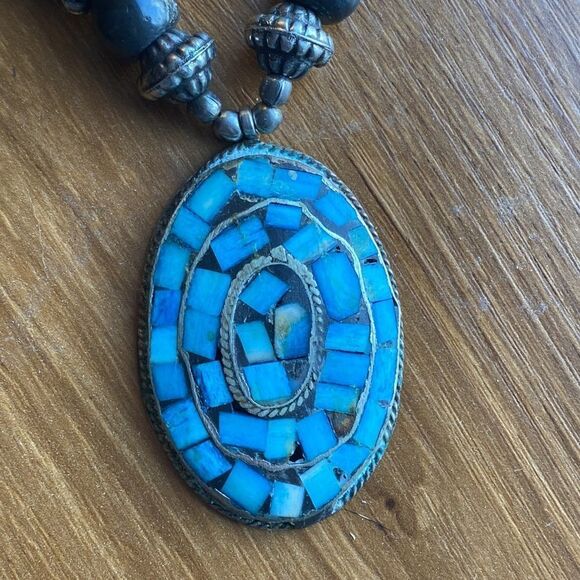 Tibetan Tribal Multi Semi Precious Stone with Turquoise Inlay Pendant Necklace - Picture 3 of 9
